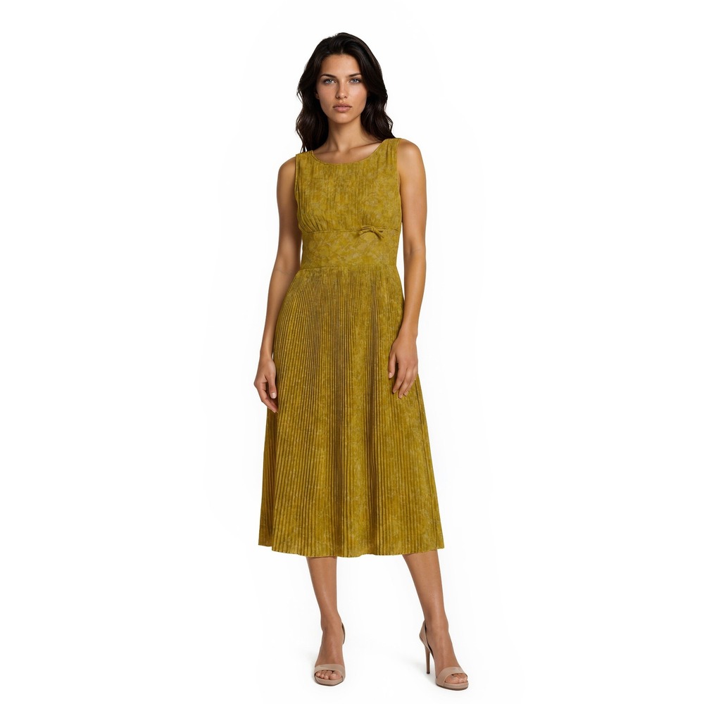 L'Aiglon Pleated Dress Women's Size 12 Yellow Floral Damask Mod 1960s Vintage